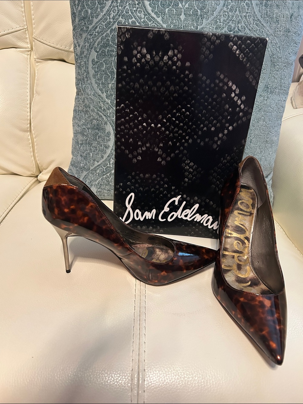 Sam Edelman Tortoiseshell Pointed-Toe Heels with Metallic Silver Stiletto